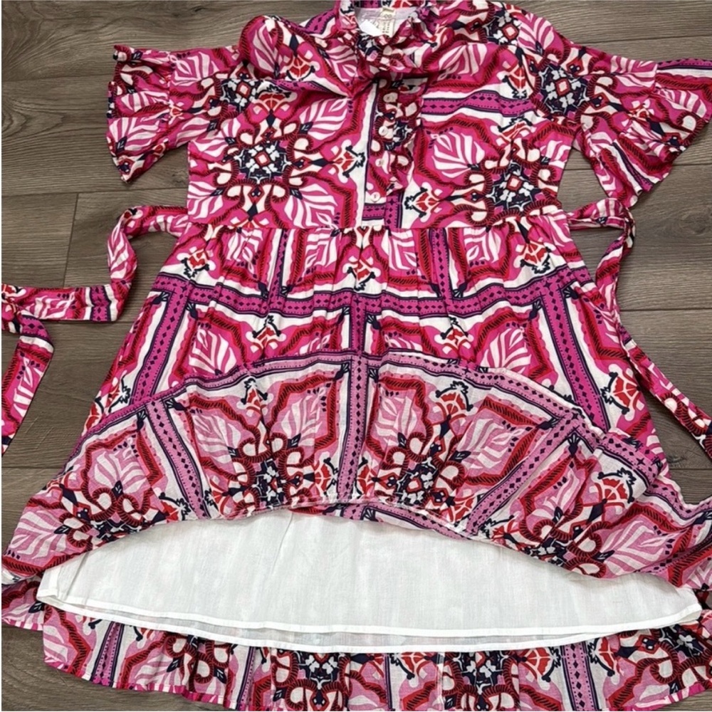 Pink Patterned Short-Sleeve Ruffled Dress - Picture 4 of 16